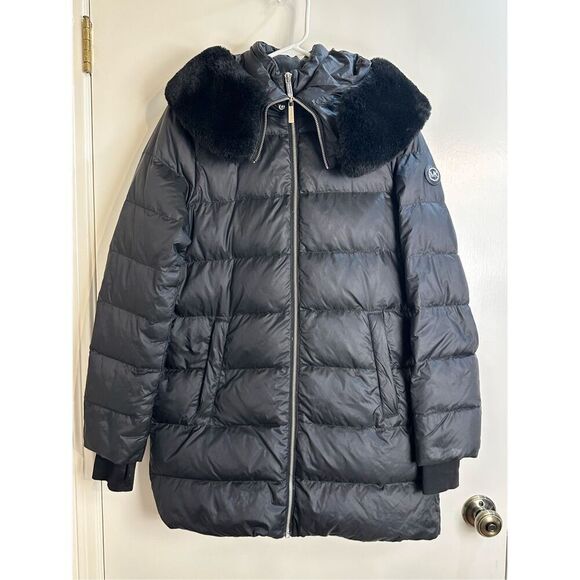 Michael Kors size XS black DOWN coat long puffer with hood and inner bib - Picture 3 of 12